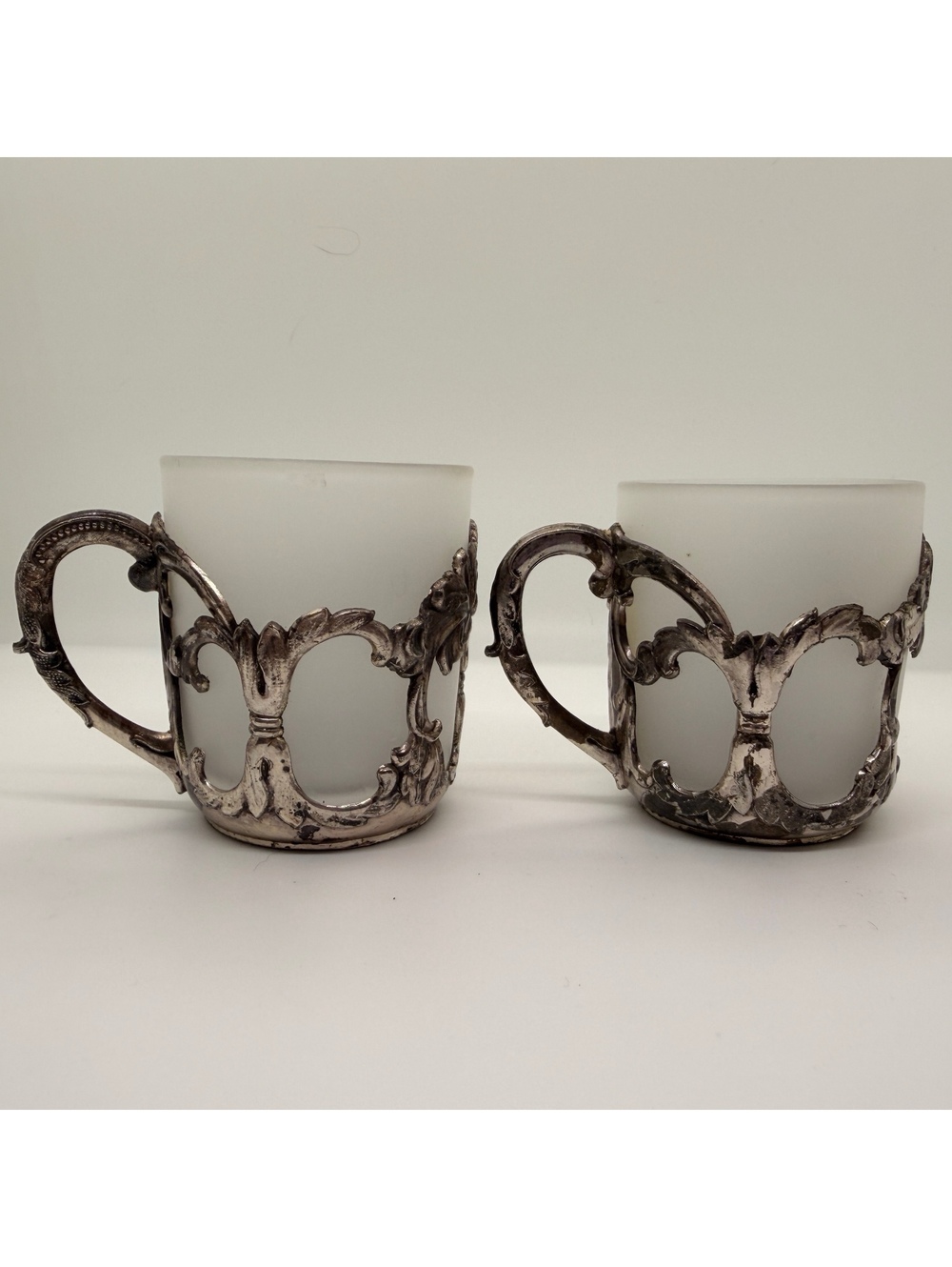 Antique Silver Plate Frosted Glass Podstakannik Cups Lot 2